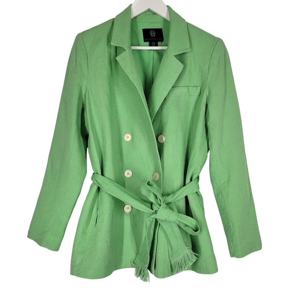 House of Harlow 1960 Linen Blend Belted‎ Blazer Jacket Green Double Breasted M